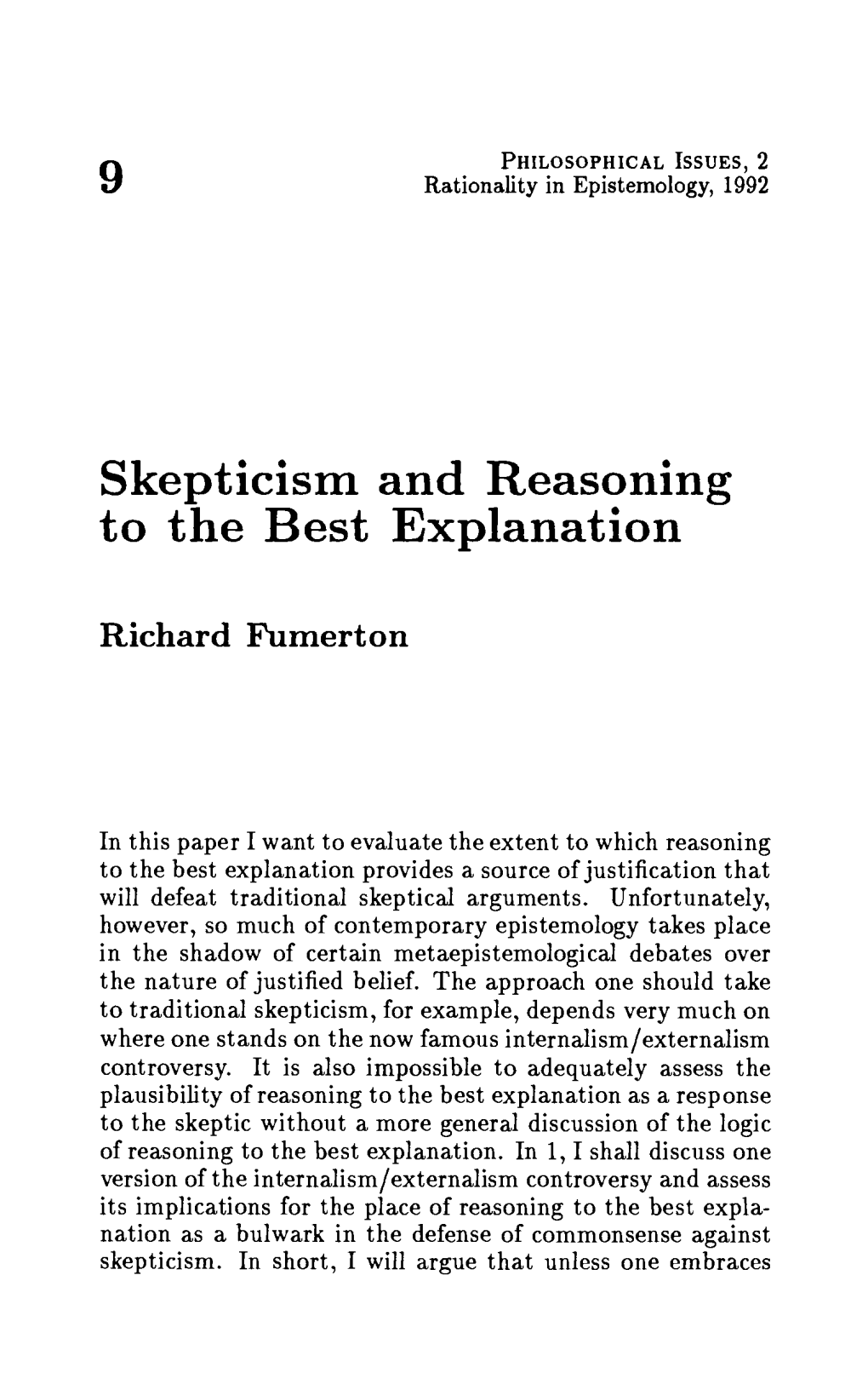 Skepticism and Reasoning to the Best Explanation