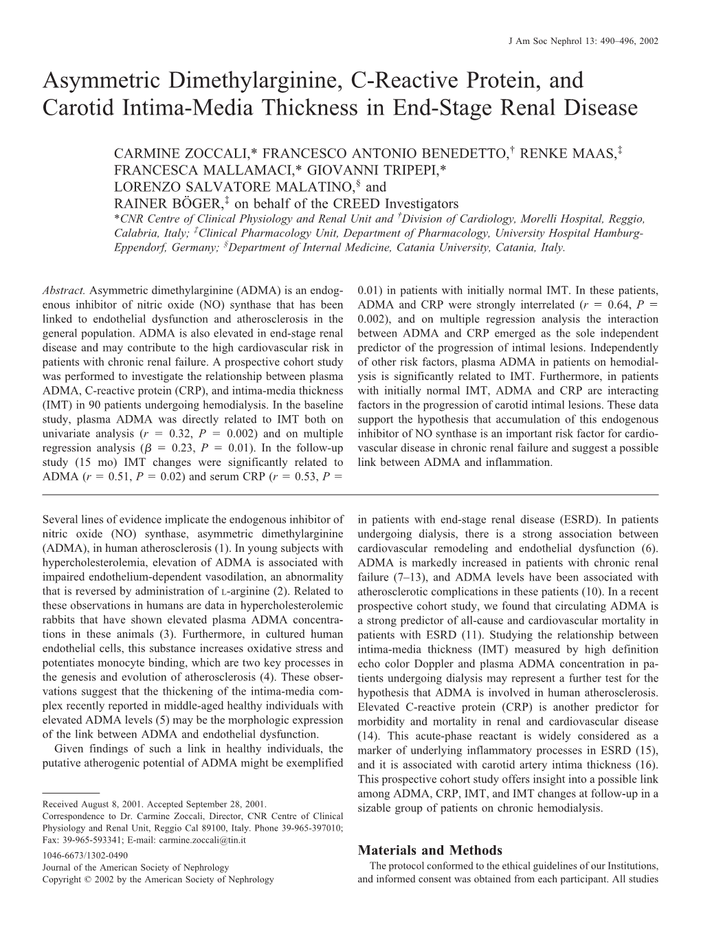 Asymmetric Dimethylarginine, C-Reactive Protein, and Carotid Intima-Media Thickness in End-Stage Renal Disease