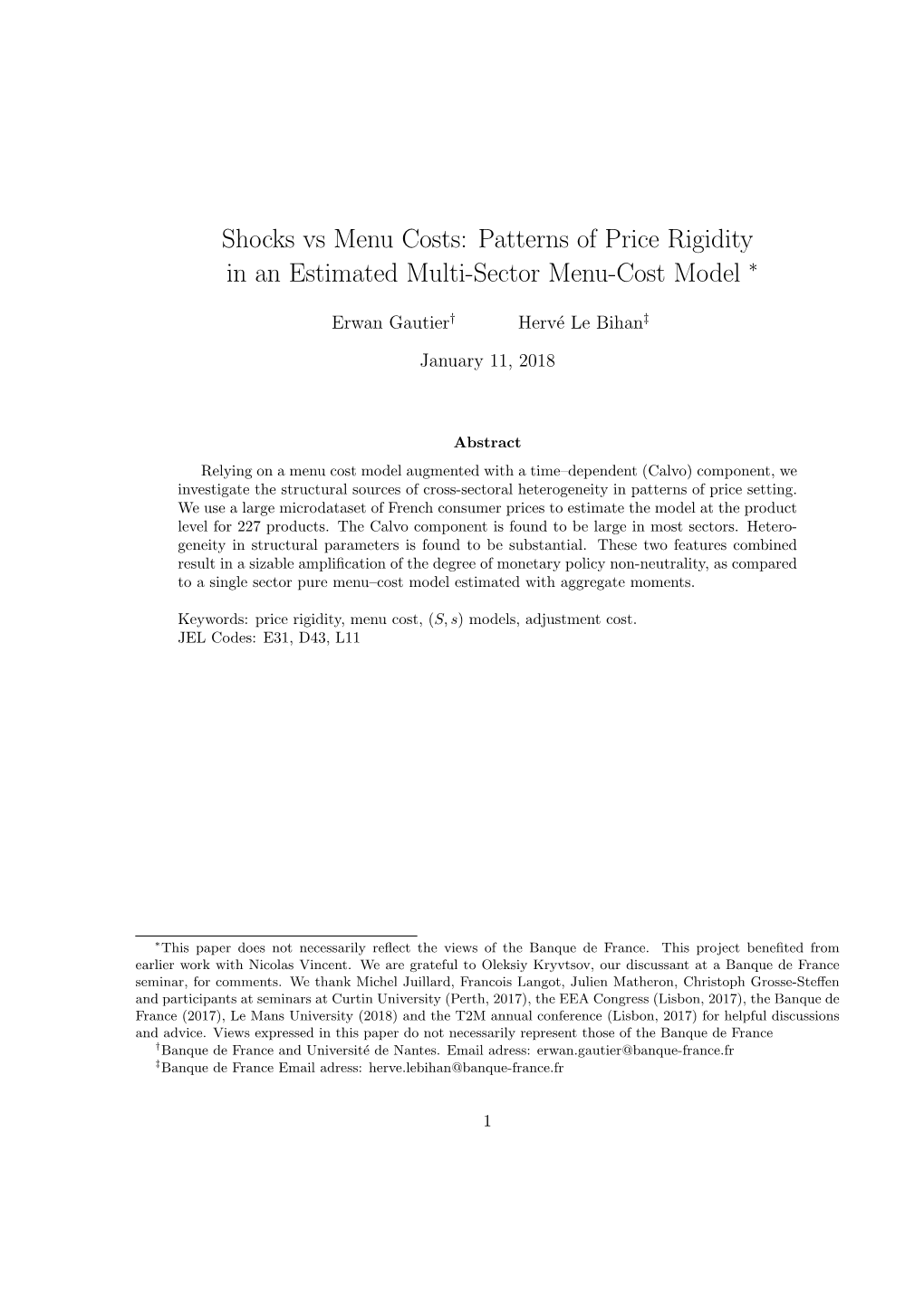 Shocks Vs Menu Costs: Patterns of Price Rigidity in an Estimated Multi-Sector Menu-Cost Model ∗