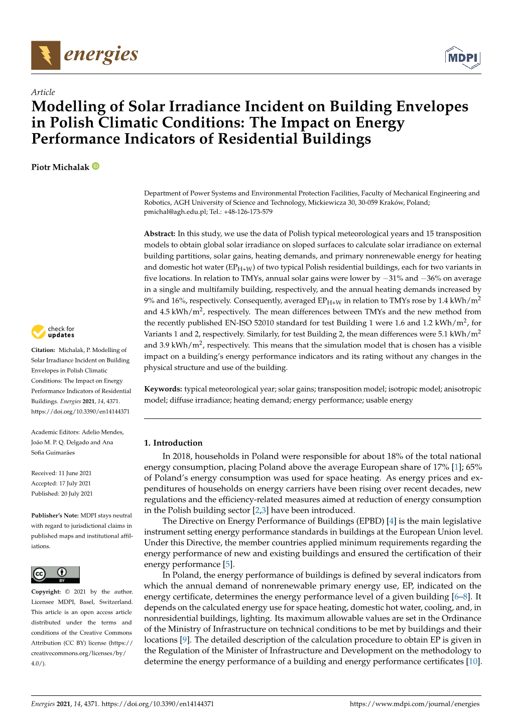 Modelling of Solar Irradiance Incident on Building Envelopes in Polish Climatic Conditions: the Impact on Energy Performance Indicators of Residential Buildings