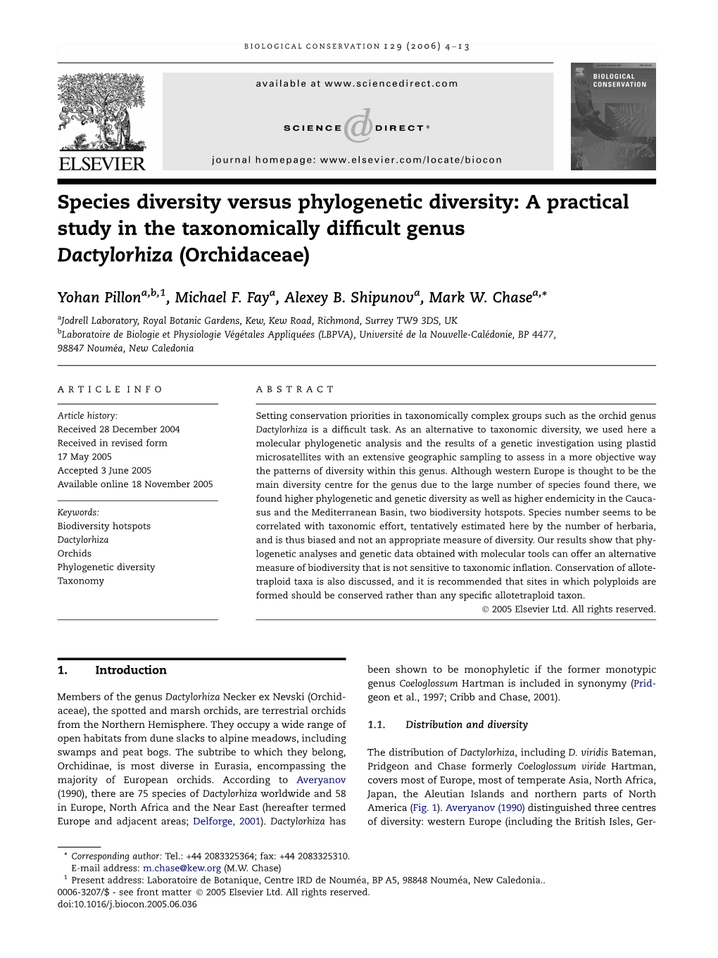 Species Diversity Versus Phylogenetic Diversity: a Practical Study in the Taxonomically Difﬁcult Genus Dactylorhiza (Orchidaceae)