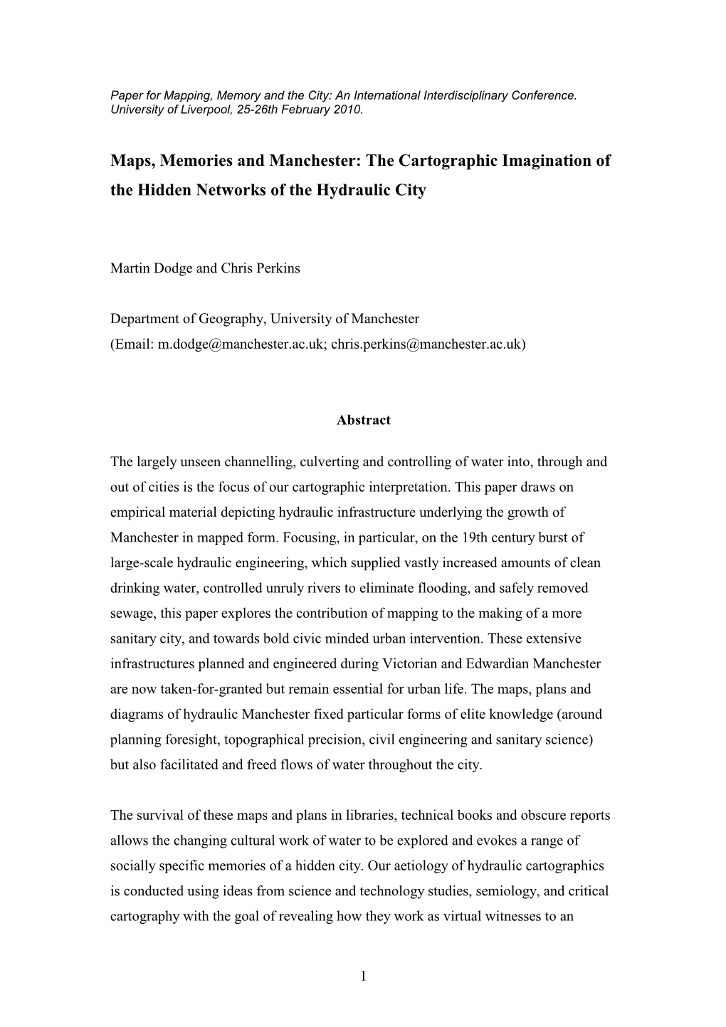 Maps, Memories and Manchester: the Cartographic Imagination of the Hidden Networks of the Hydraulic City