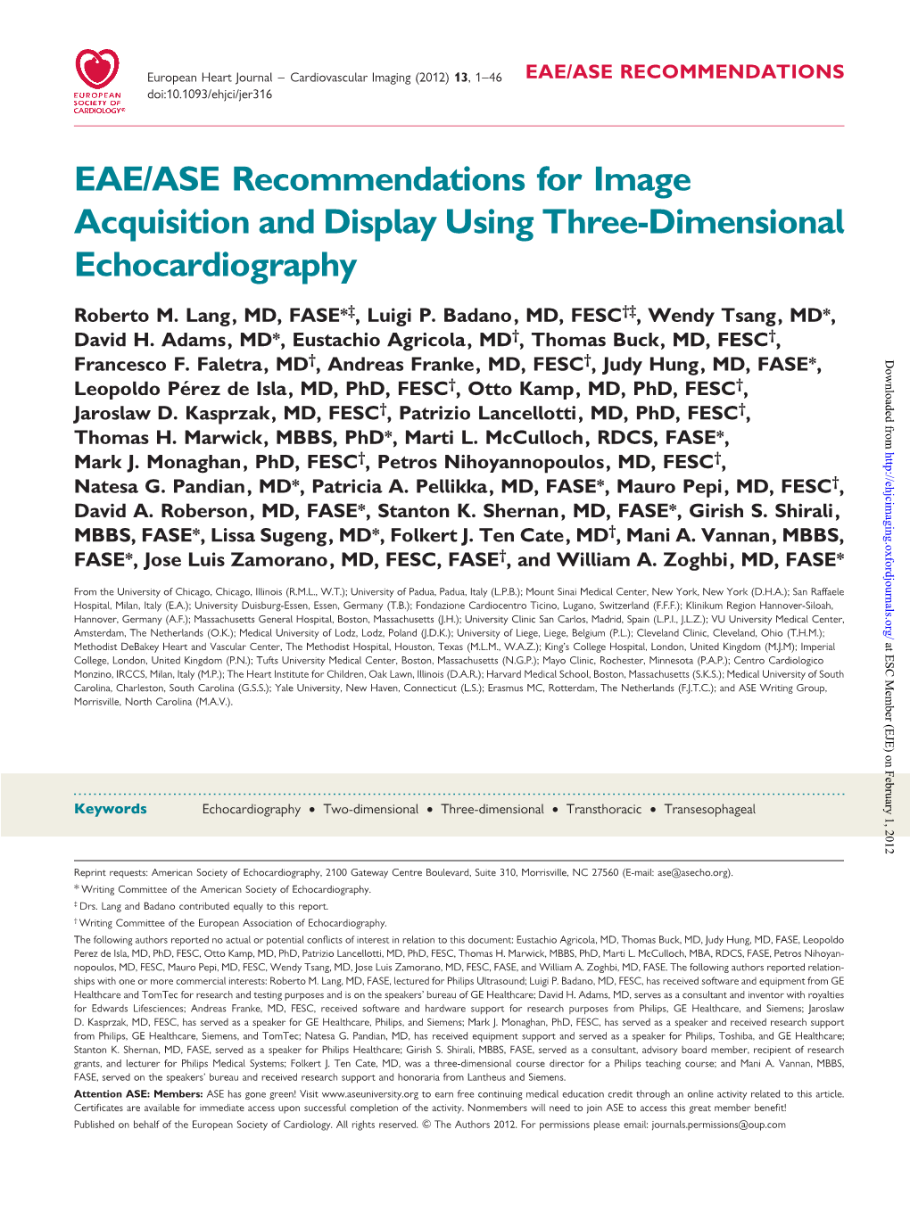 EAE/ASE Recommendations for Image Acquisition and Display Using Three-Dimensional Echocardiography