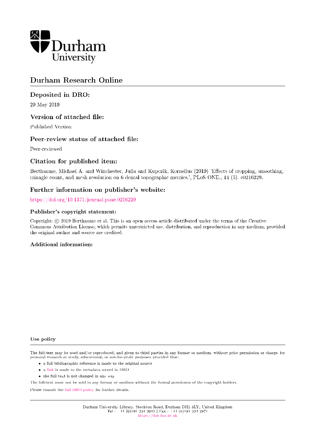 2019 Version of Attached Le: Published Version Peer-Review Status of Attached Le: Peer-Reviewed Citation for Published Item: Berthaume, Michael A