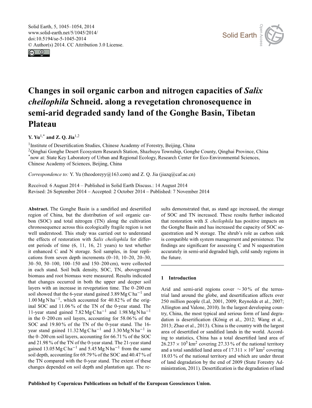 Changes in Soil Organic Carbon and Nitrogen Capacities of Salix Cheilophila Schneid