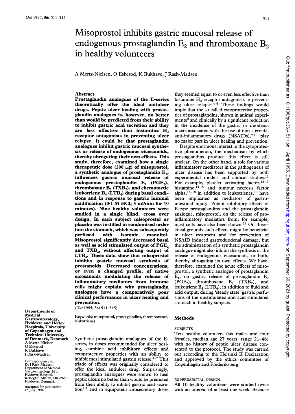 Misoprostol Inhibits Gastric Mucosal Release of Endogenous Prostaglandin E2 and Thromboxane B2