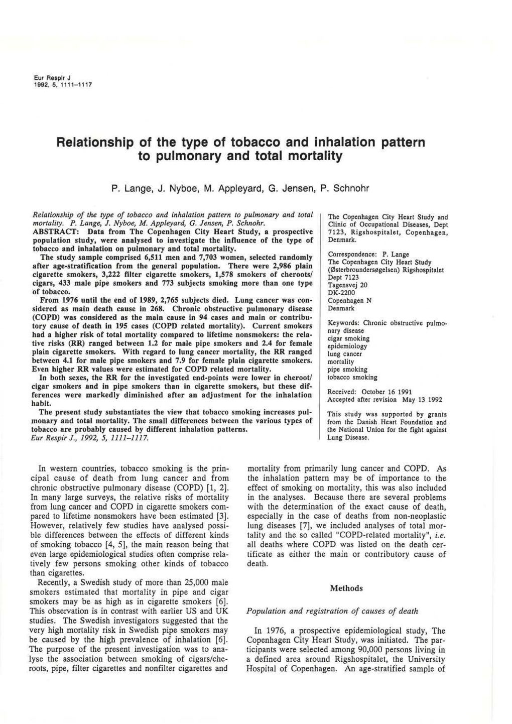 Relationship of the Type of Tobacco and Inhalation Pattern to Pulmonary and Total Mortality