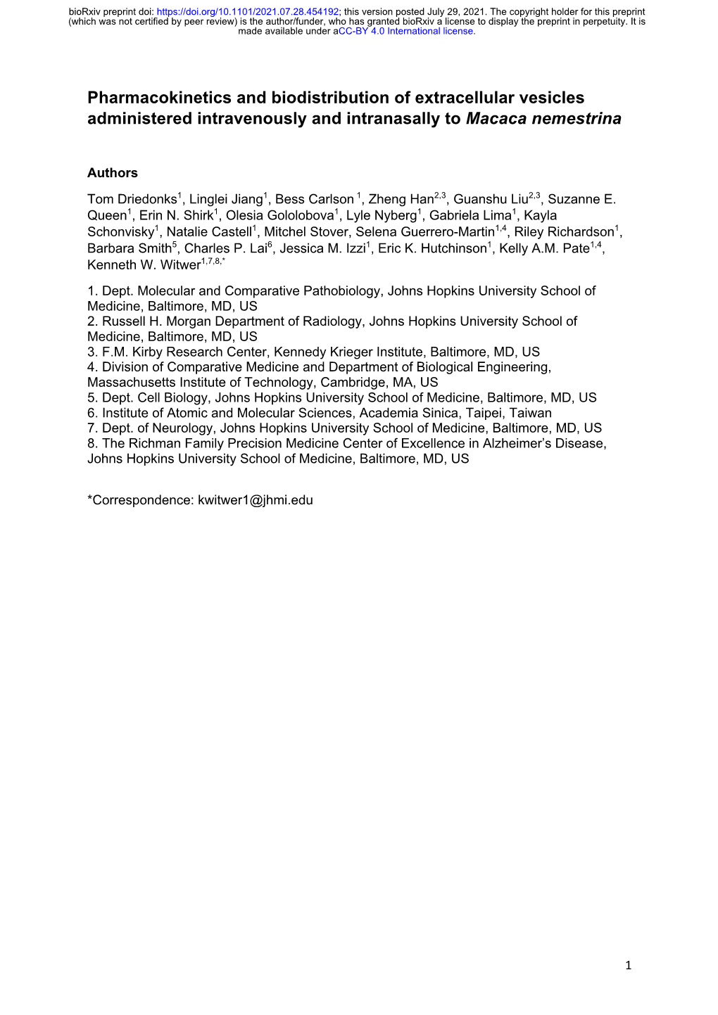 Pharmacokinetics and Biodistribution of Extracellular Vesicles Administered Intravenously and Intranasally to Macaca Nemestrina