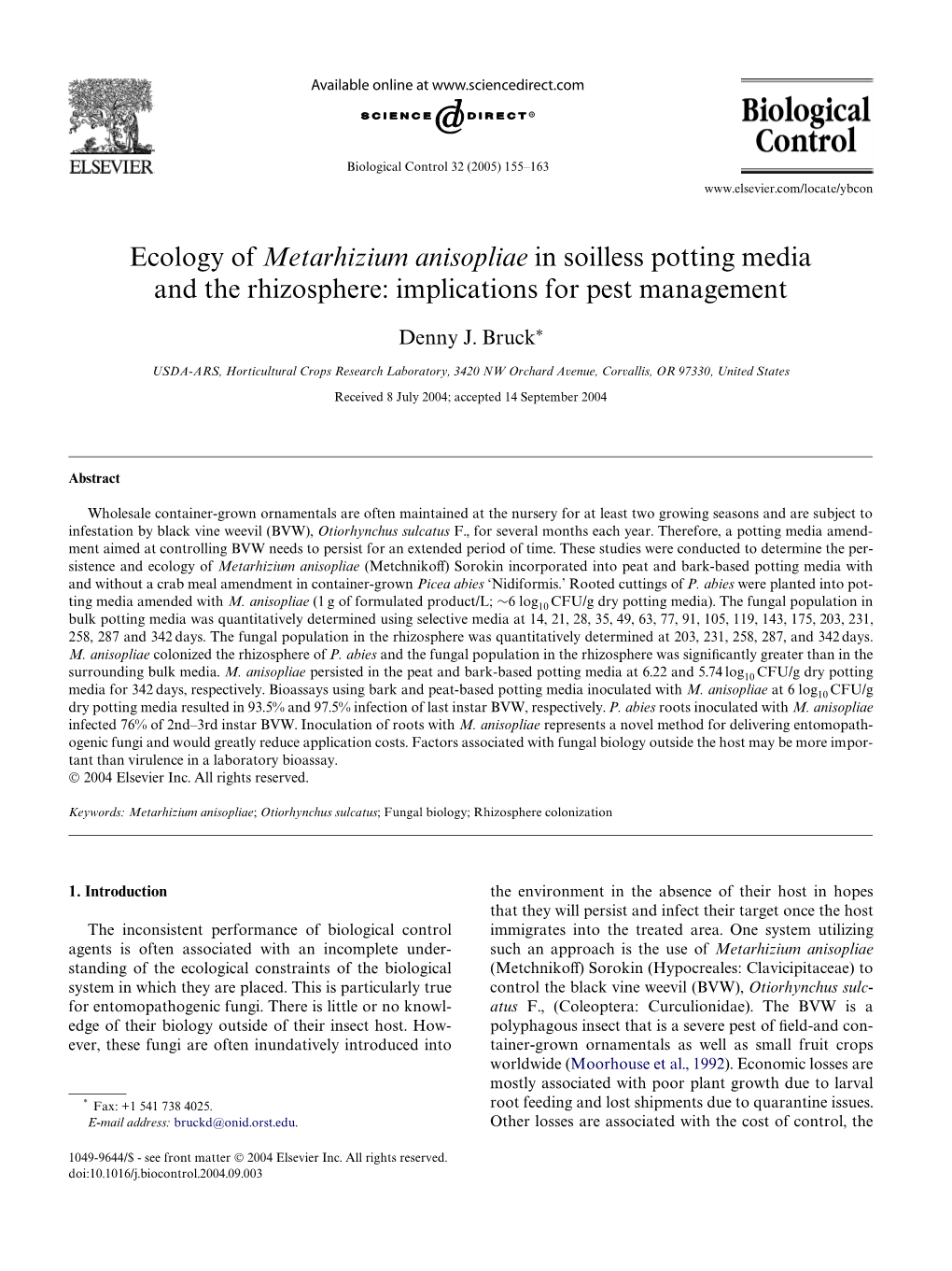 Ecology of Metarhizium Anisopliae in Soilless Potting Media and the Rhizosphere: Implications for Pest Management