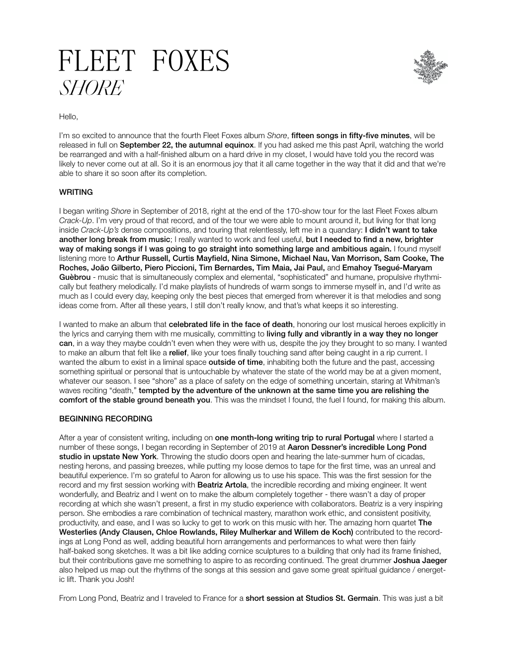 Hello, I'm So Excited to Announce That the Fourth Fleet Foxes Album Shore, Fifteen Songs in Fifty-Five Minutes, Will Be Releas
