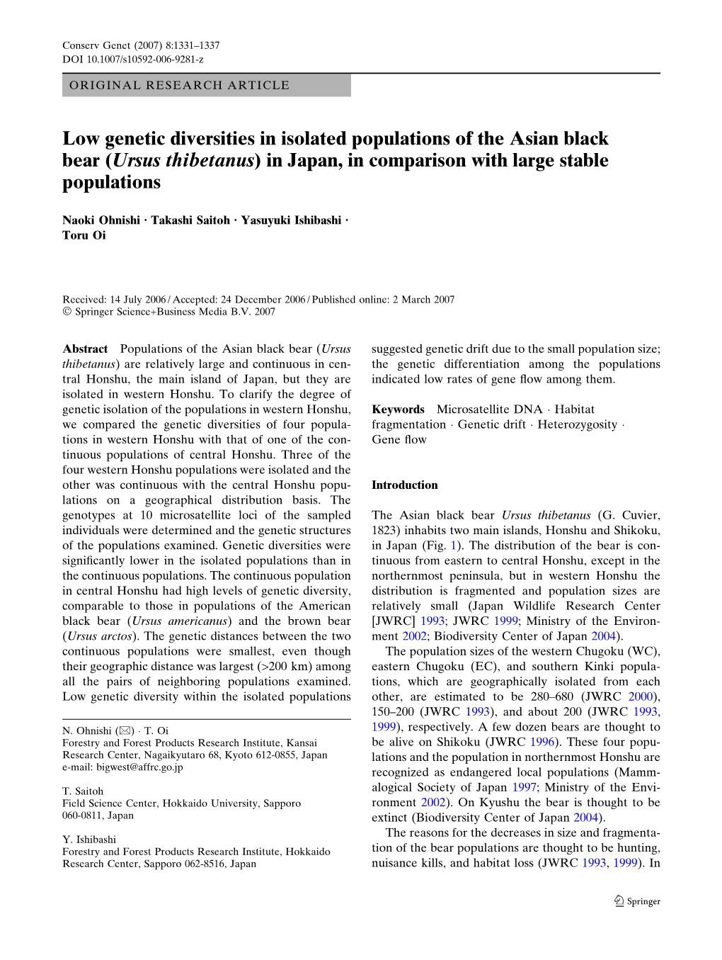 Low Genetic Diversities in Isolated Populations of the Asian Black Bear (Ursus Thibetanus) in Japan, in Comparison with Large Stable Populations
