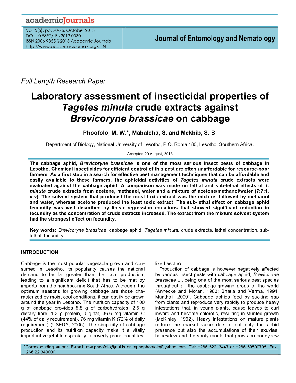 Assessment of Insecticidal Properties of Tagetes Minuta Crude Extracts Against Brevicoryne Brassicae on Cabbage