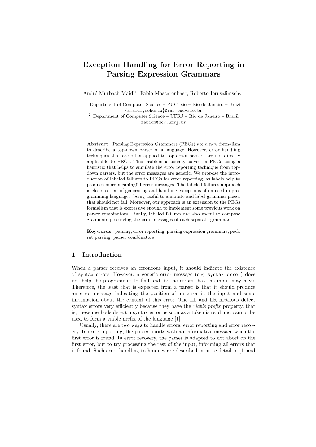 Exception Handling for Error Reporting in Parsing Expression Grammars