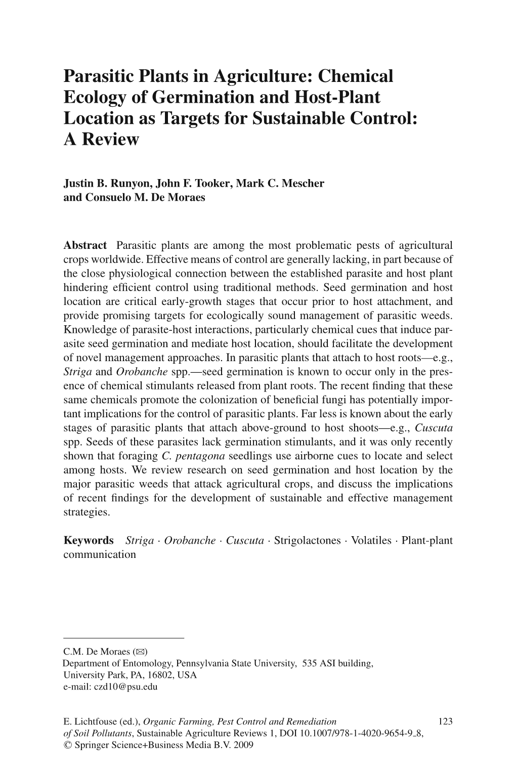 Parasitic Plants in Agriculture: Chemical Ecology of Germination and Host-Plant Location As Targets for Sustainable Control: a Review