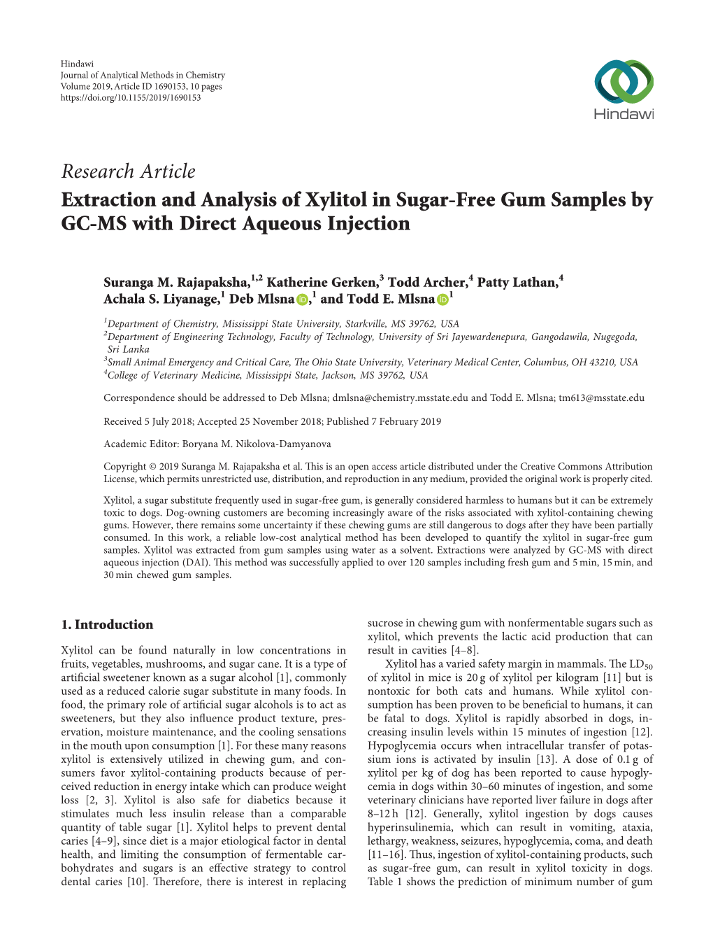 Research Article Extraction and Analysis of Xylitol in Sugar-Free Gum Samples by GC-MS with Direct Aqueous Injection