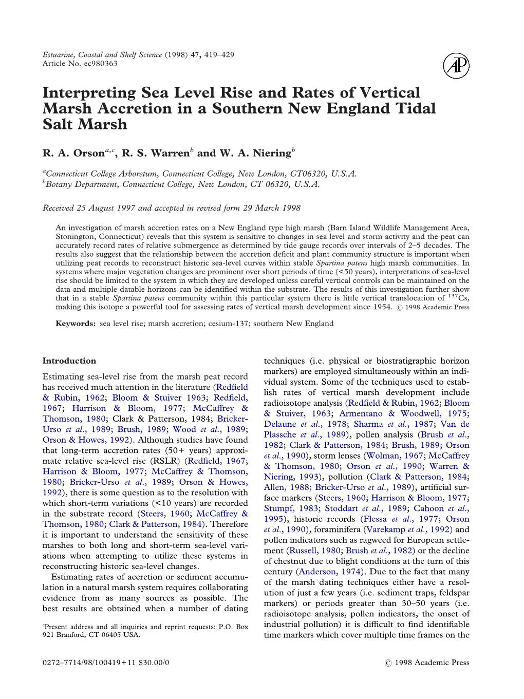 Interpreting Sea Level Rise and Rates of Vertical Marsh Accretion in a Southern New England Tidal Salt Marsh