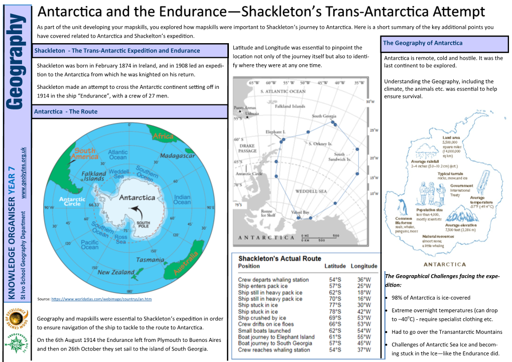 Geography Department Geography Antarctica Shackleton and Then on 26Th October They Set Sail to the Island of South Georgia