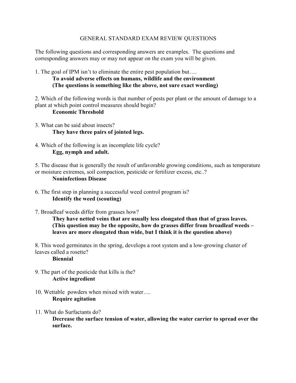 GENERAL STANDARD EXAM REVIEW QUESTIONS The