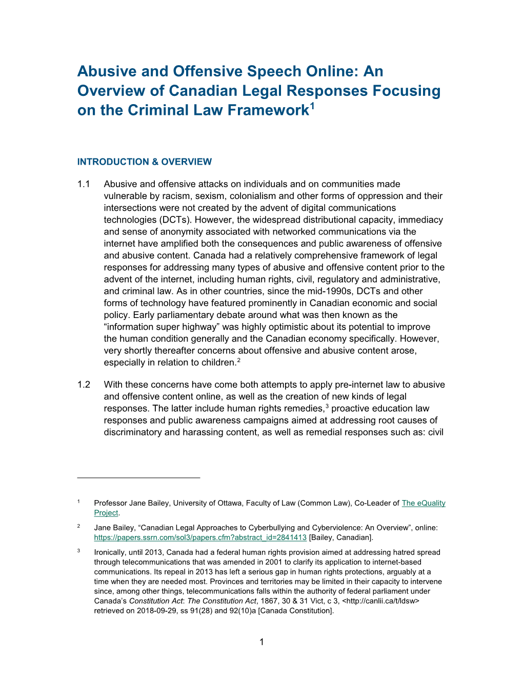Abusive and Offensive Speech Online: an Overview of Canadian Legal Responses Focusing on the Criminal Law Framework1