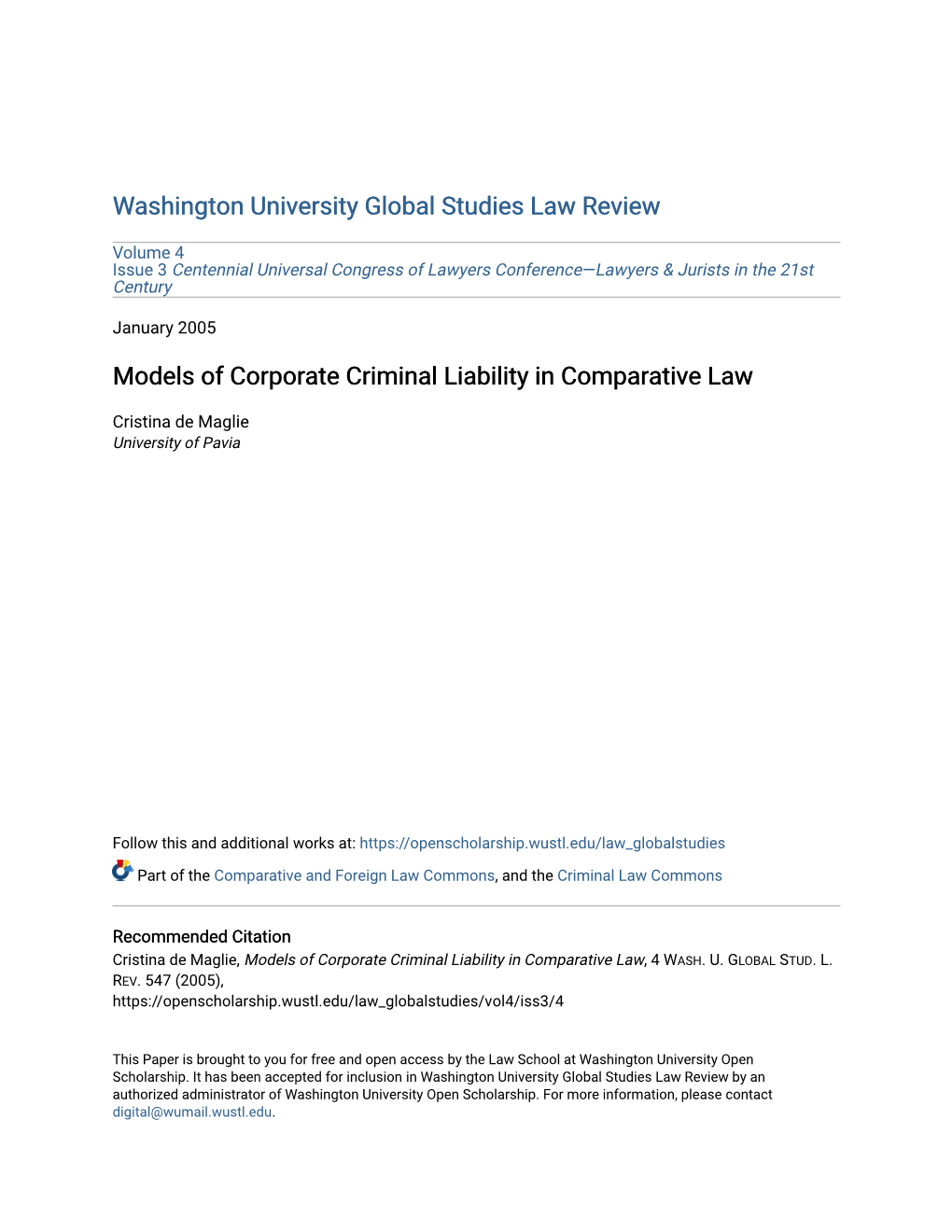 Models of Corporate Criminal Liability in Comparative Law