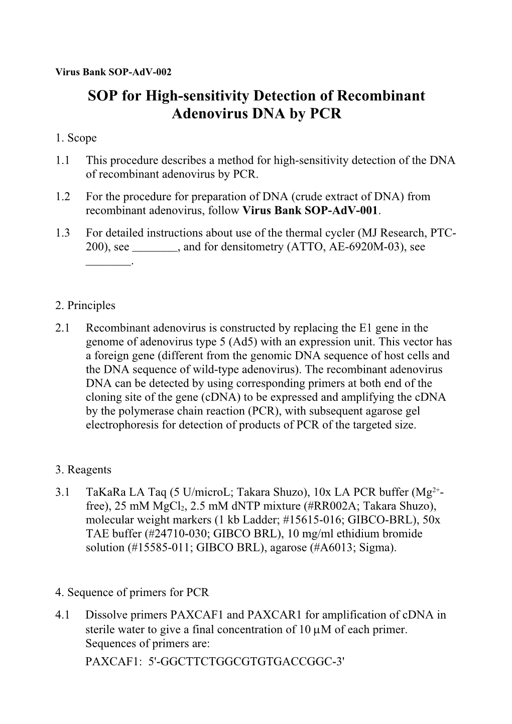 SOP for High Sensitive Detection of Recombinant Adenovirus DNA by PCR