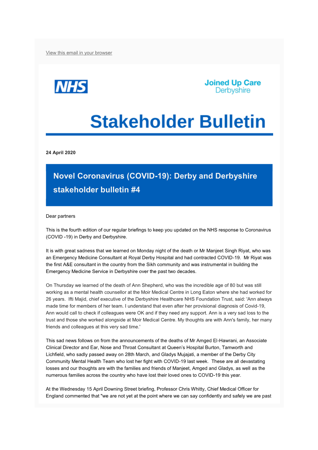 COVID-19): Derby and Derbyshire Stakeholder Bulletin #4