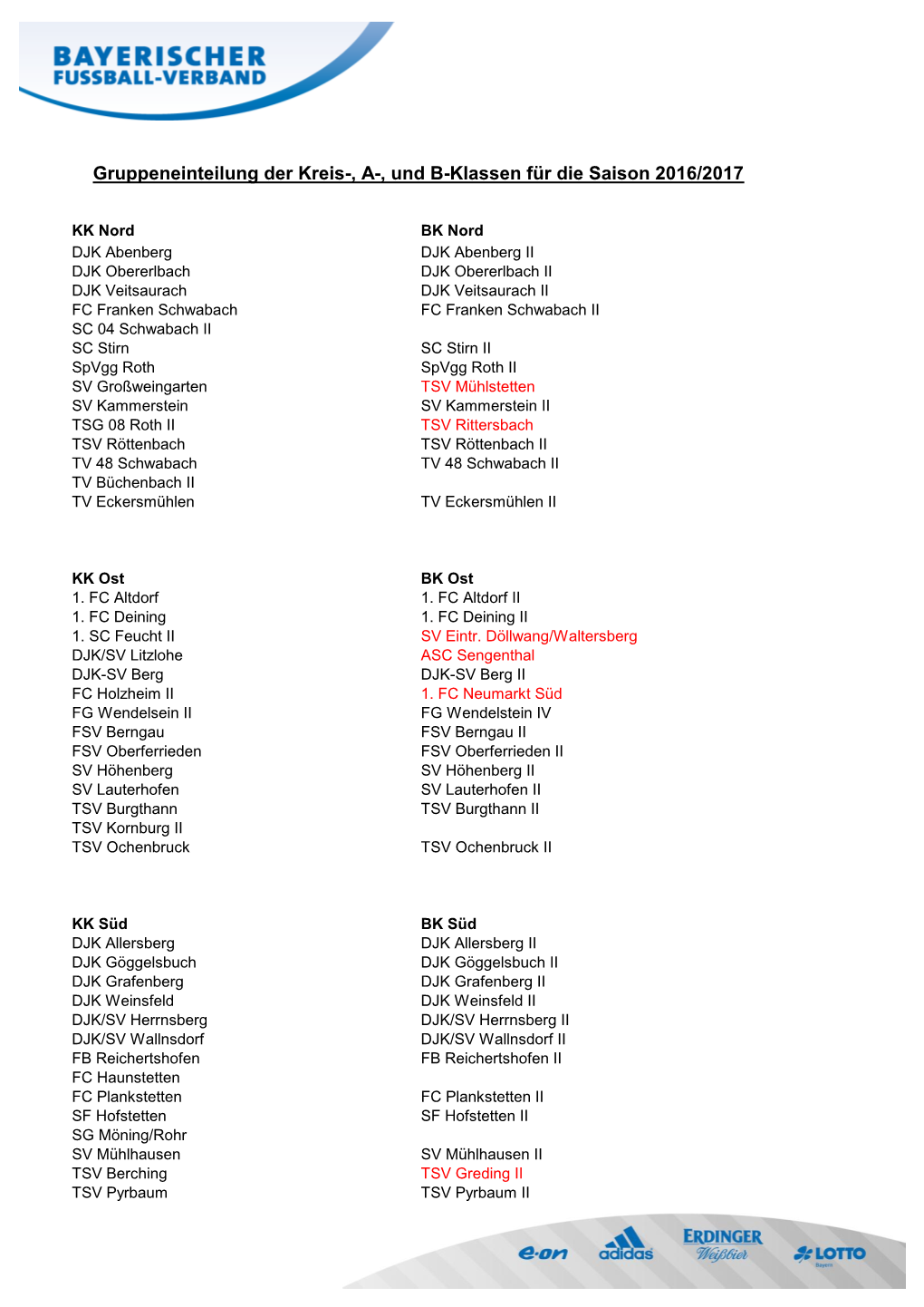 Gruppeneinteilung Der Kreis-, A-, Und B-Klassen Für Die Saison 2016/2017