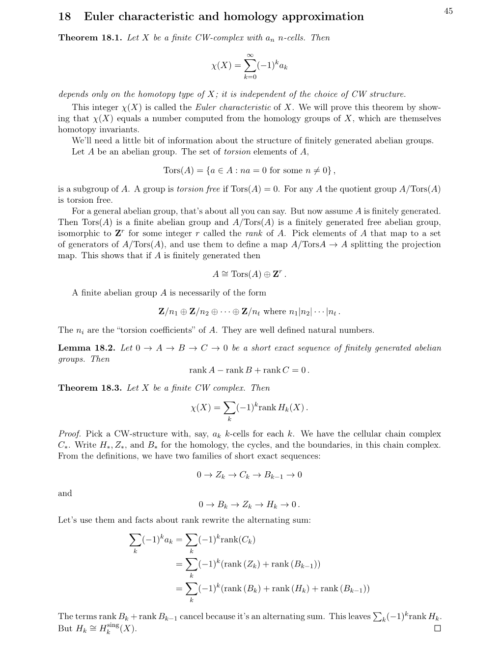 Algebraic Topology I: Lecture 18 Euler Characteristic and Homology