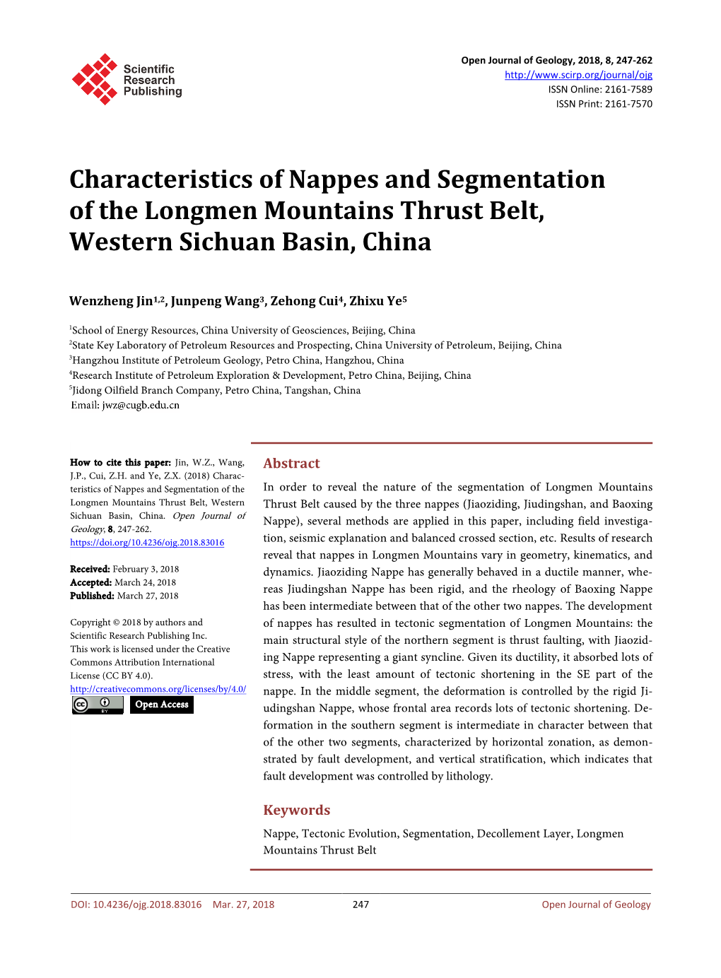 Characteristics of Nappes and Segmentation of the Longmen Mountains Thrust Belt, Western Sichuan Basin, China