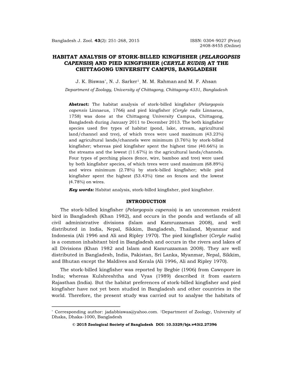 Habitat Analysis of Stork-Billed Kingfisher (Pelargopsis Capensis) and Pied Kingfisher (Ceryle Rudis) at the Chittagong University Campus, Bangladesh