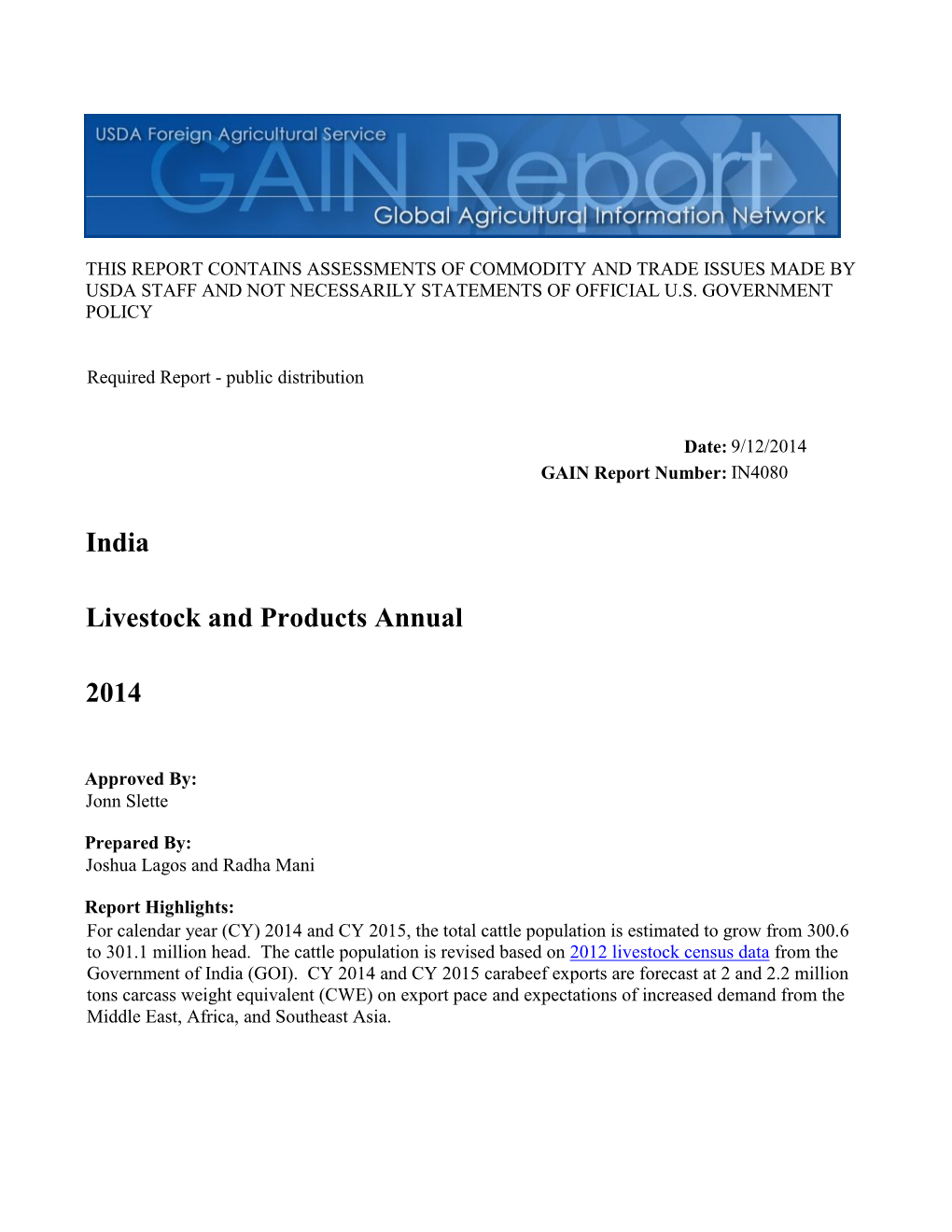 2014 Livestock and Products Annual India