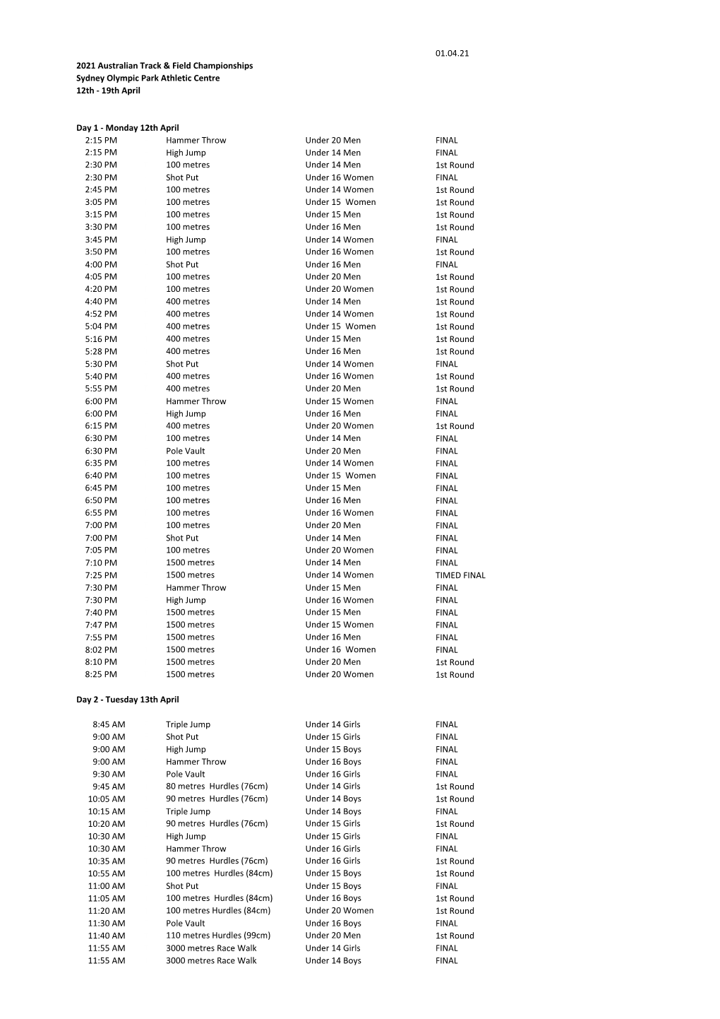 01.04.21 2021 Australian Track & Field Championships Sydney
