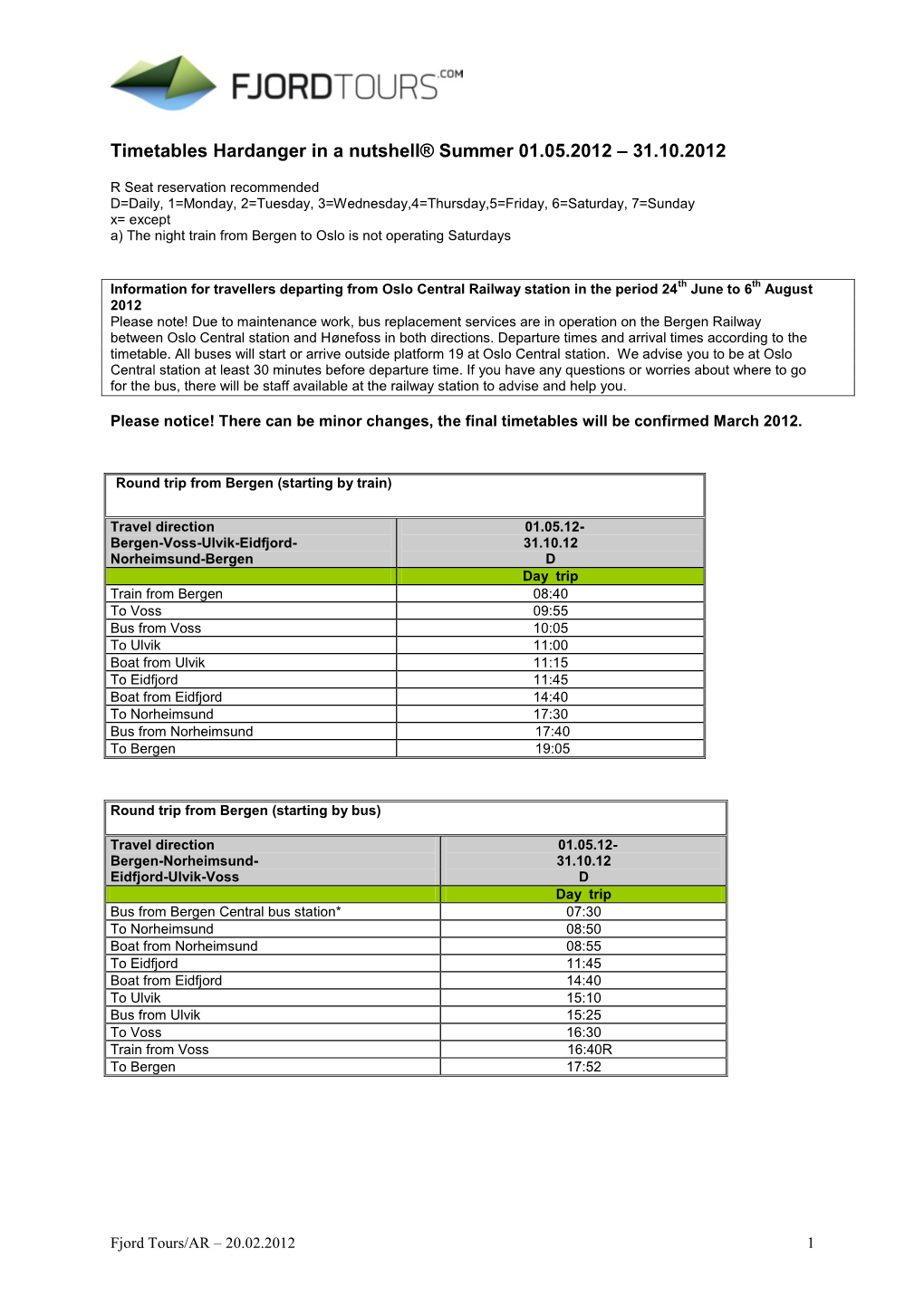 Timetables Hardanger in a Nutshell® Summer 01.05.2012 – 31.10.2012