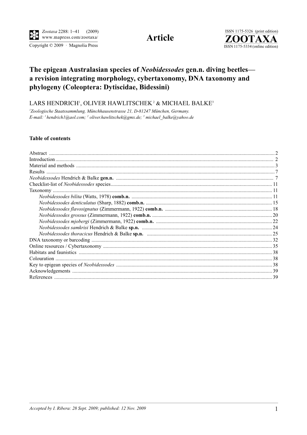 Zootaxa 2288: 1–41 (2009) ISSN 1175-5326 (Print Edition) Article ZOOTAXA Copyright © 2009 · Magnolia Press ISSN 1175-5334 (Online Edition)