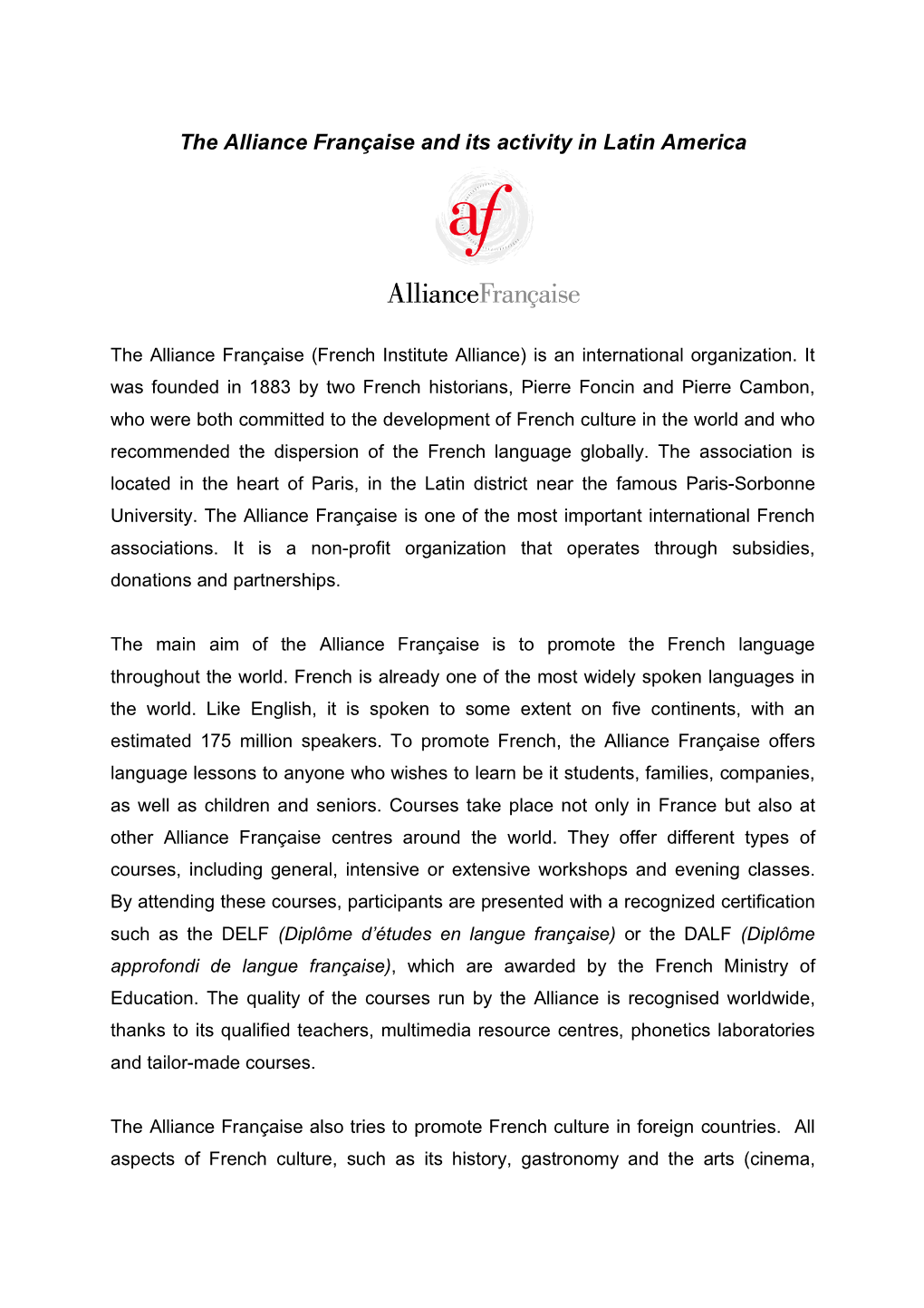 The Alliance Française and Its Activity in Latin America