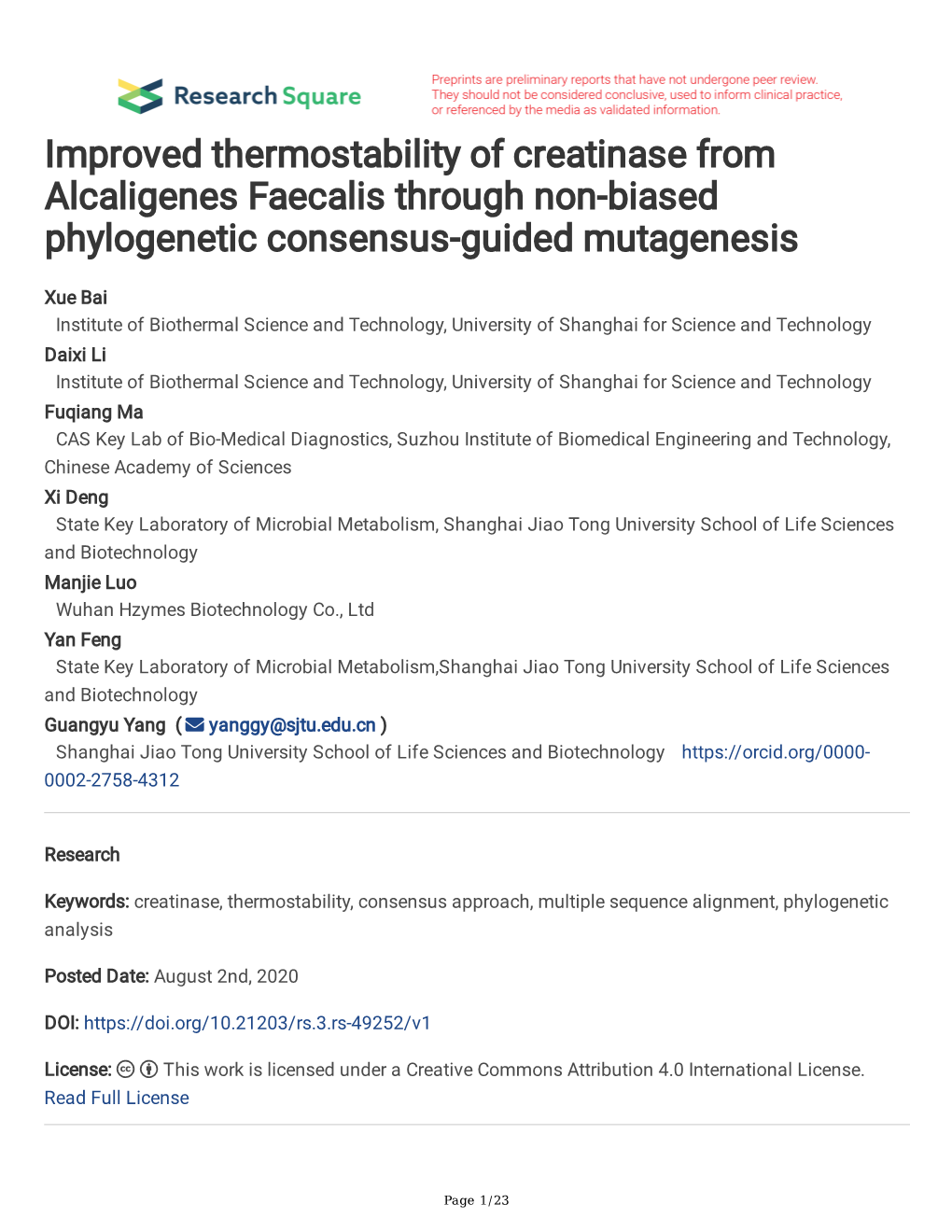 Improved Thermostability of Creatinase from Alcaligenes Faecalis Through Non-Biased Phylogenetic Consensus-Guided Mutagenesis