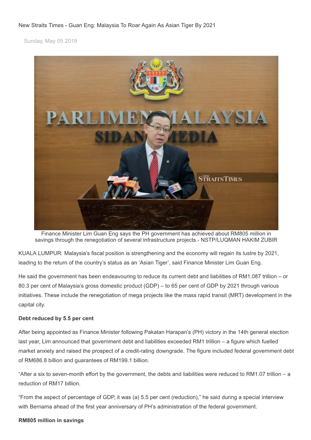 New Straits Times - Guan Eng: Malaysia to Roar Again As Asian Tiger by 2021