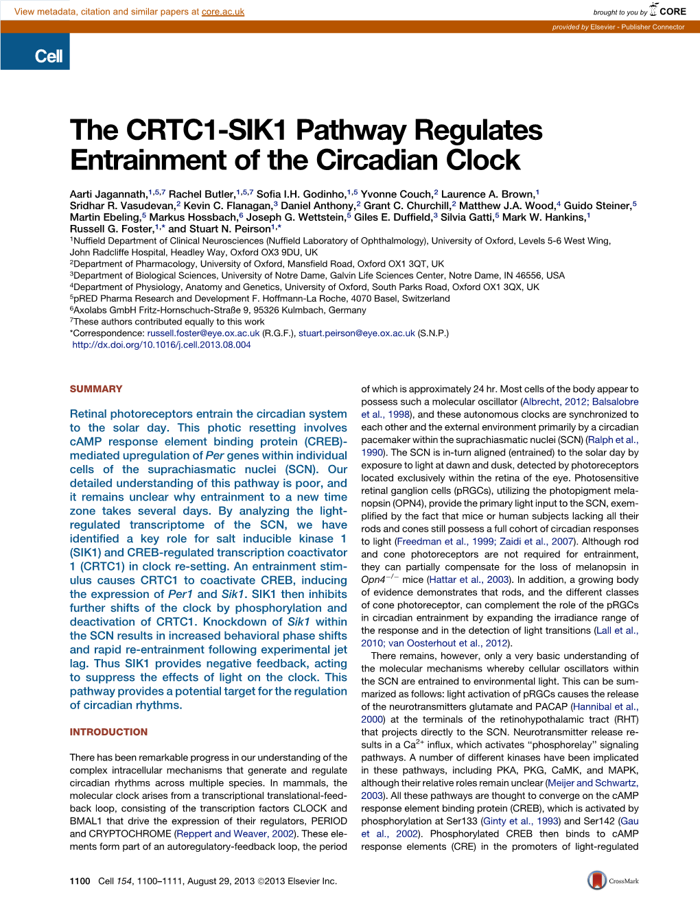 The CRTC1-SIK1 Pathway Regulates Entrainment of the Circadian Clock