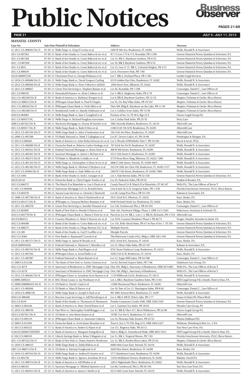 PAGES 21-88 PAGE 21 JULY 5 - JULY 11, 2013 MANATEE COUNTY Case No