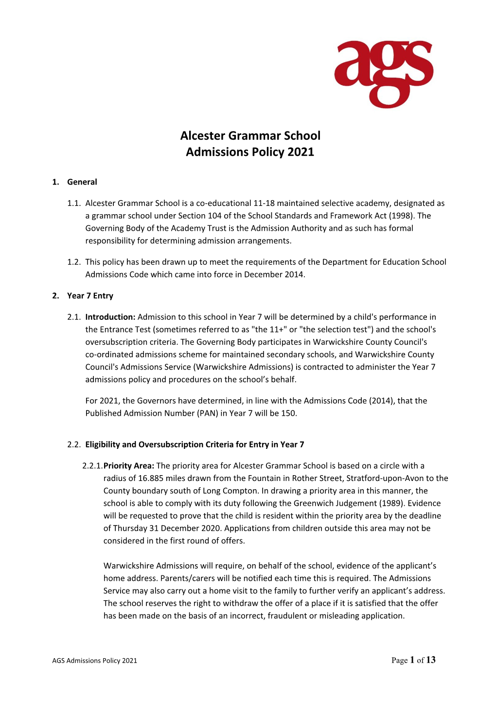 Alcester Grammar School Admissions Policy 2021