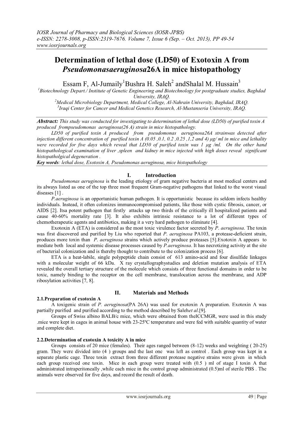 Determination of Lethal Dose (LD50) of Exotoxin a from Pseudomonasaeruginosa26a in Mice Histopathology