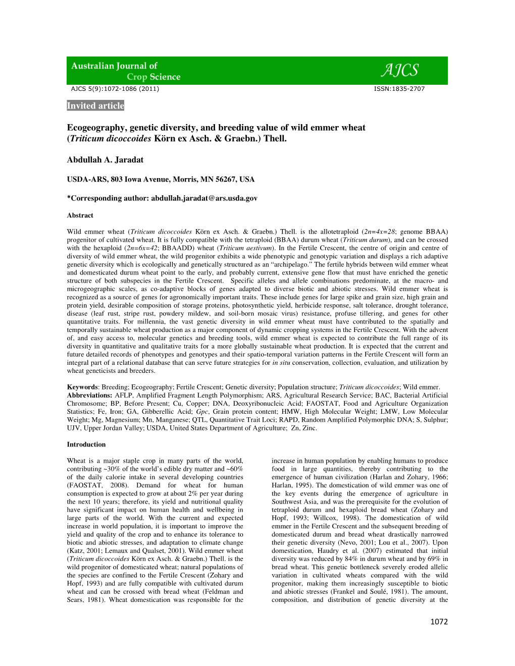 Ecogeography, Genetic Diversity, and Breeding Value of Wild Emmer Wheat (Triticum Dicoccoides Körn Ex Asch