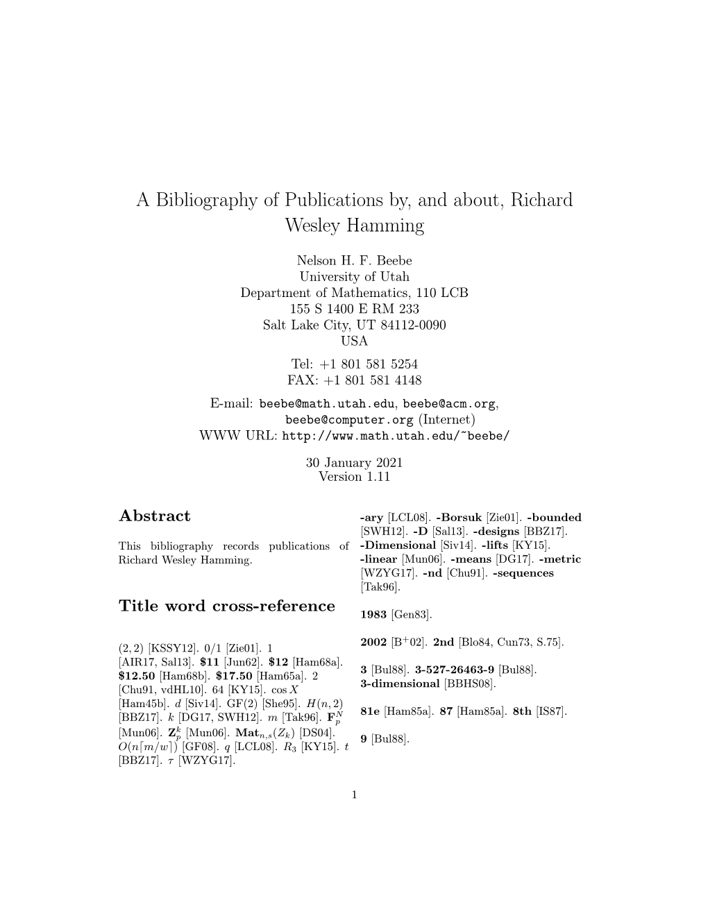 A Bibliography of Publications By, and About, Richard Wesley Hamming