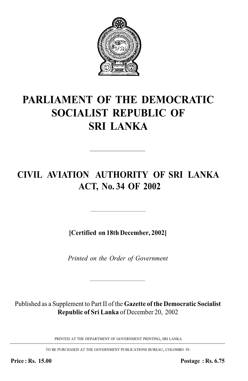Civil Aviation Authority of Sri Lanka Act No 34 of 2002