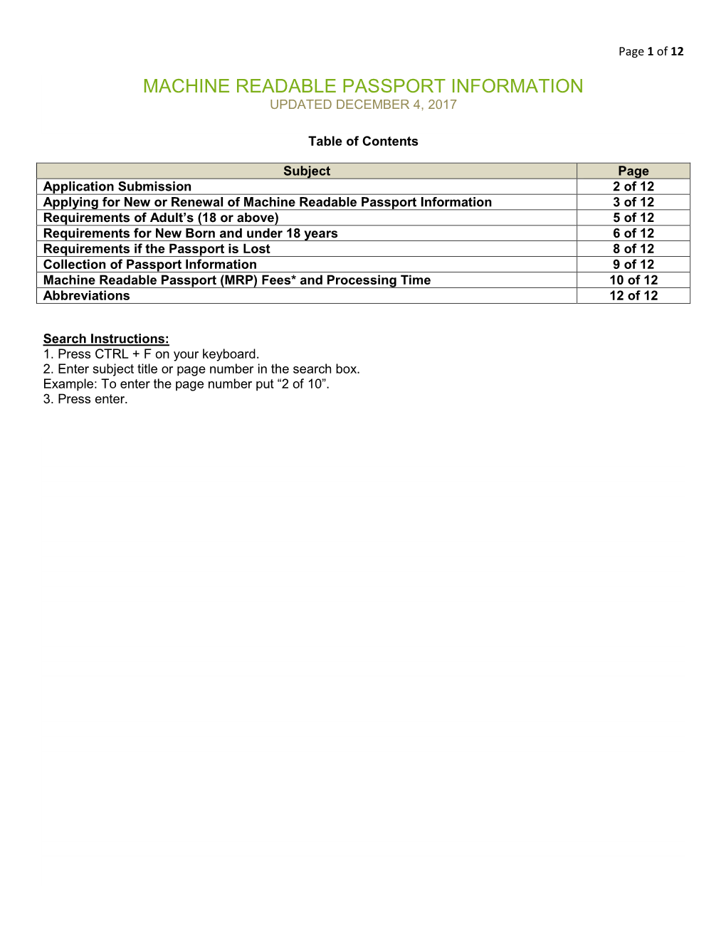 Machine Readable Passport Information Updated December 4, 2017