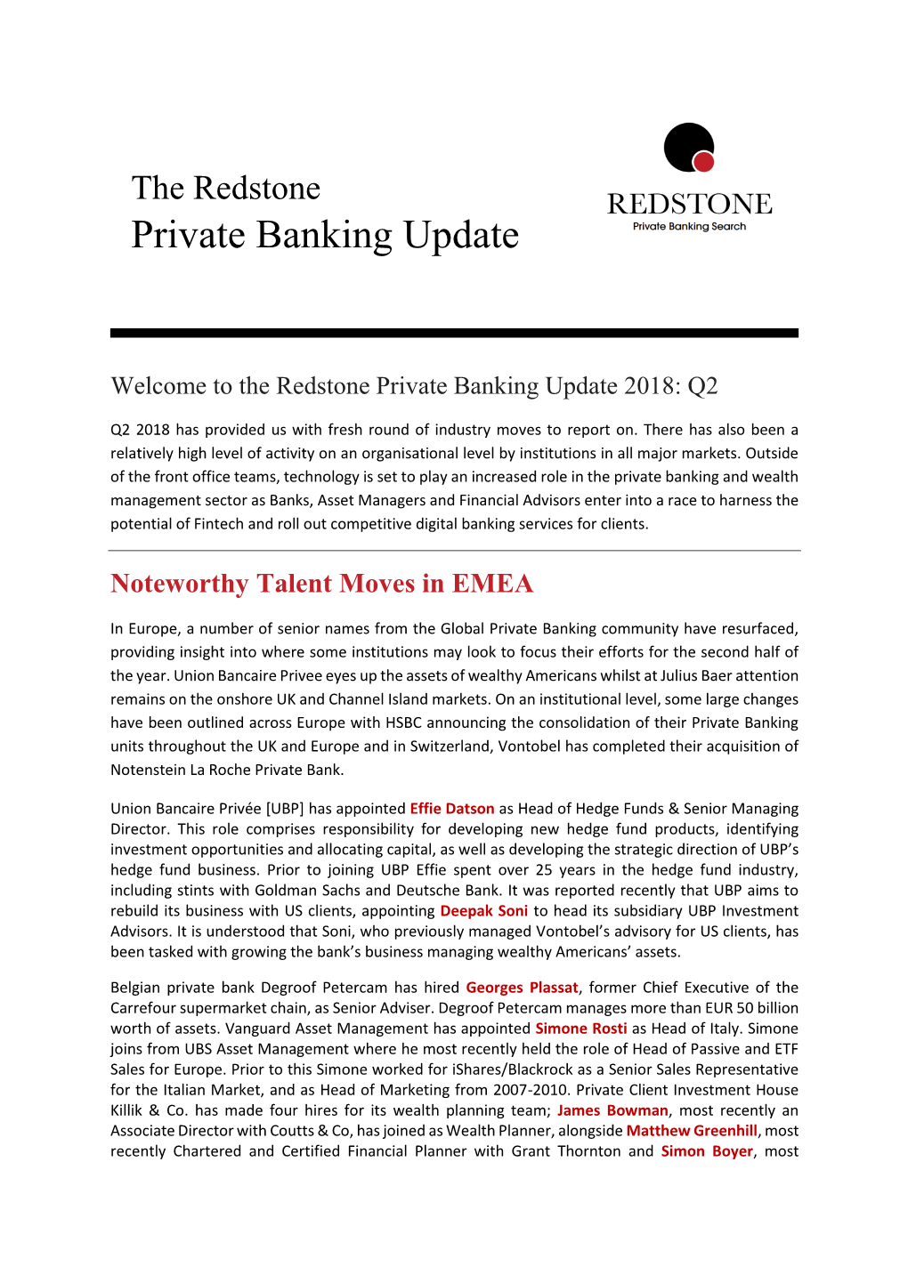 Redstone Private Banking Update Q2 2018