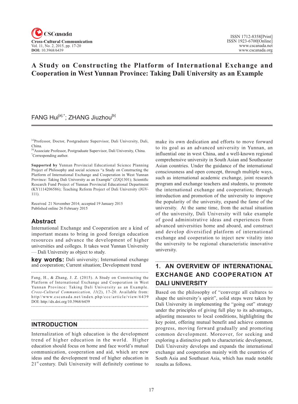 A Study on Constructing the Platform of International Exchange and Cooperation in West Yunnan Province: Taking Dali University As an Example