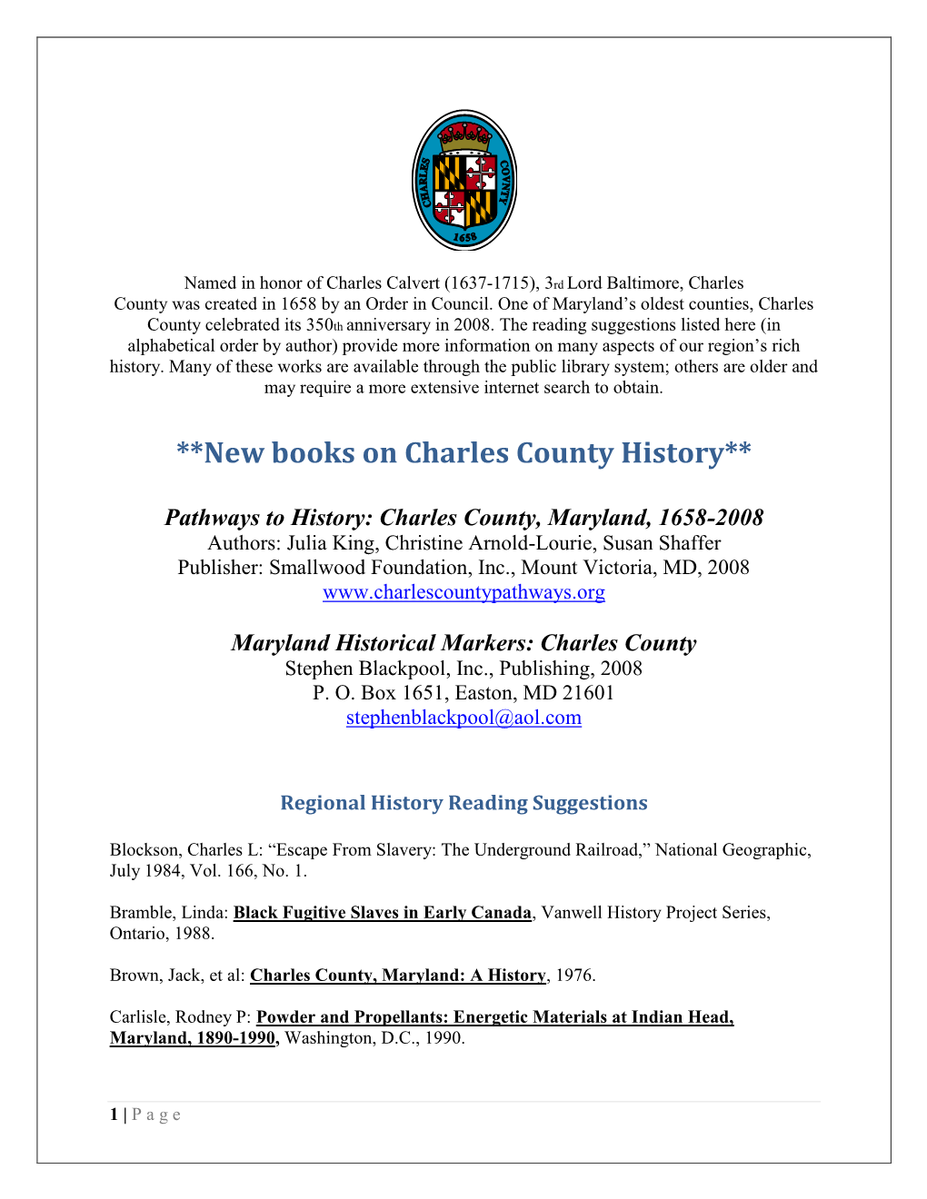 New Books on Charles County History**