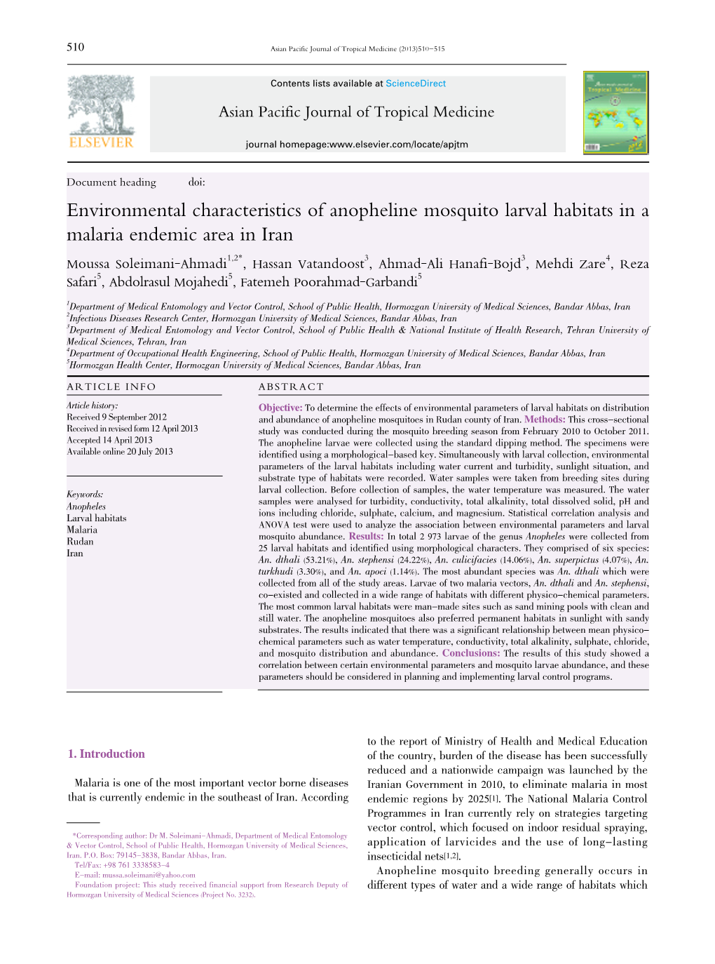 Environmental Characteristics of Anopheline Mosquito Larval Habitats