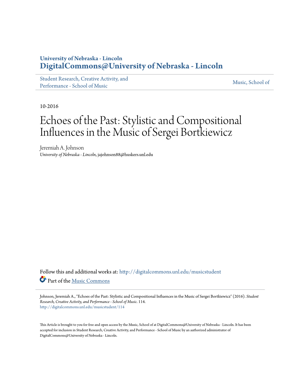 Stylistic and Compositional Influences in the Music of Sergei Bortkiewicz Jeremiah A